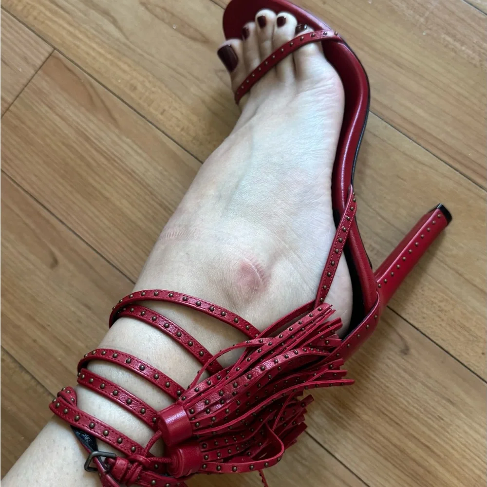 Saint Laurent Red Studded Leather Lace-Up Heels - Picture 4 of 6